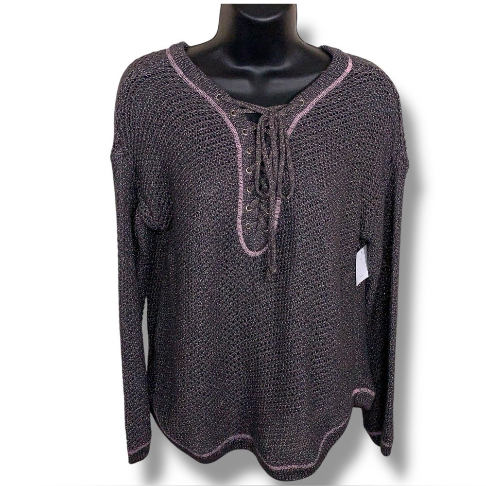 New Kimchi Urban Outfitters Grey Shimmer Purple Knit Sweater Top Lace Up Neck
